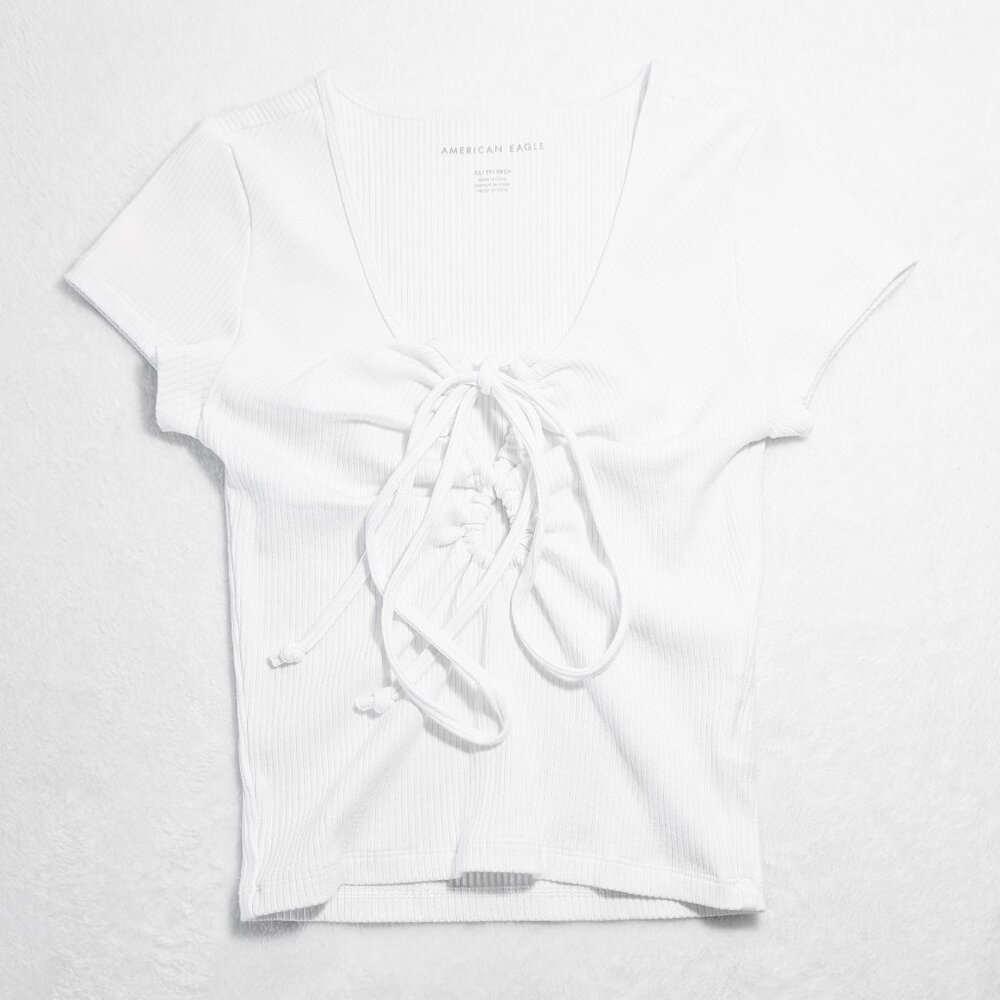 AE Keyhole Tie-Front Crop Top Tee, White, XS